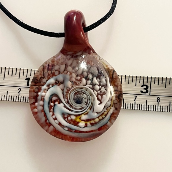 Handblown Artisan Brown Blue White Yellow Glitter Art Lampwork Glass Necklace - Picture 10 of 16